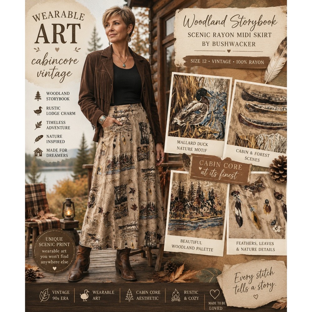 Vintage 90s Woodland Scenic Rayon Midi Skirt Mallard Duck Cabincore 12
